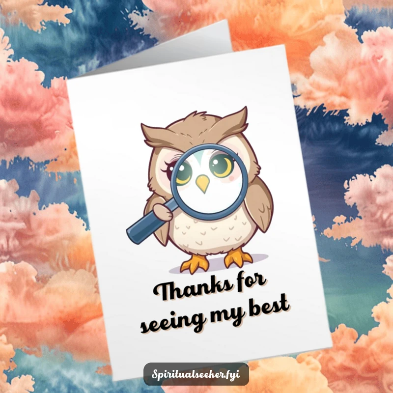 Funny free printable thank you card showing a curious owl peering at a shimmering aura through a lens.