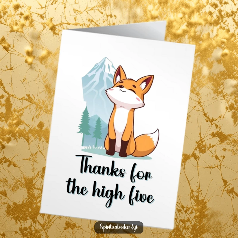 Funny Free Printable Fox Thank You Card: A determined fox stretches towards a mountain peak, a humorous symbol of reaching for appreciation.