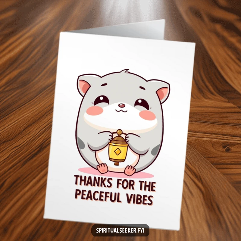 Funny Free Printable Thank You Card featuring a serene Kawaii animal holding a tiny chime, conveying quiet thanks.