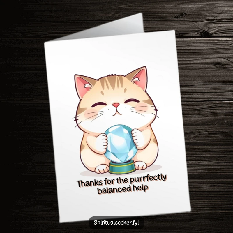 Funny free printable thank you card with a plump cat focusing intently on balancing a crystal ball.
