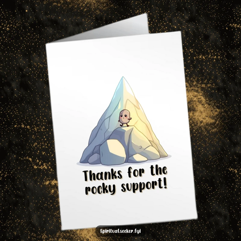Funny Free Printable Thank You Card: Small pebble creature determinedly hiking up a glowing crystal mountain, expressing gratitude.