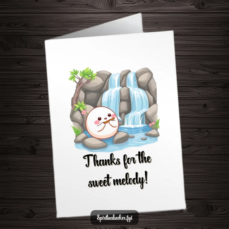 Funny Free Printable Thank You Card: Happy bouncy ball creature playing a flute beside a serene waterfall, conveying thanks.