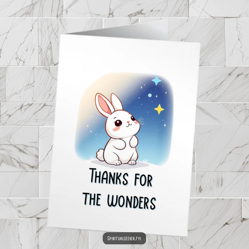 Funny Free Printable Thank You Card: A kawaii rabbit gazes with wonder at a starry sky, conveying heartfelt thanks.