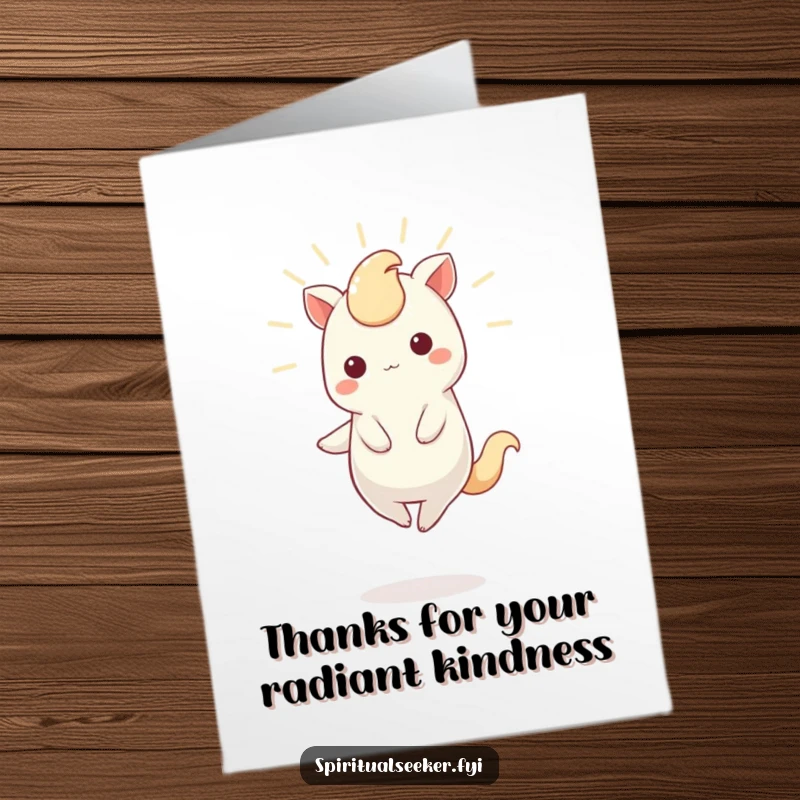 Funny Free Printable Thank You Card featuring a Kawaii creature balancing on one toe, emitting a soft light of gratitude.