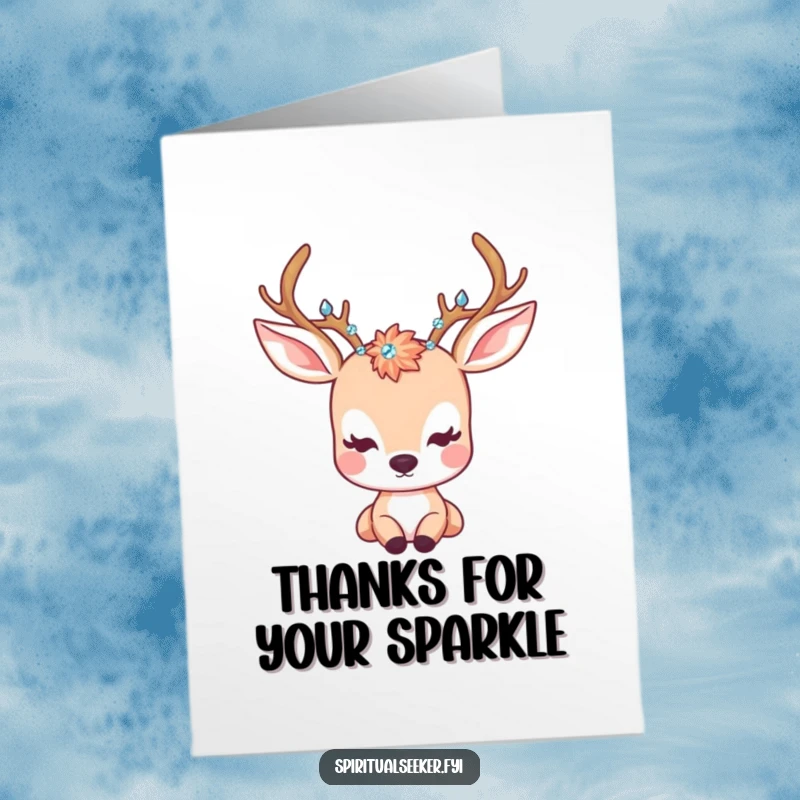 Funny Free Printable Thank You Card: A kawaii deer with crystal-adorned antlers gazes peacefully, conveying gentle gratitude.