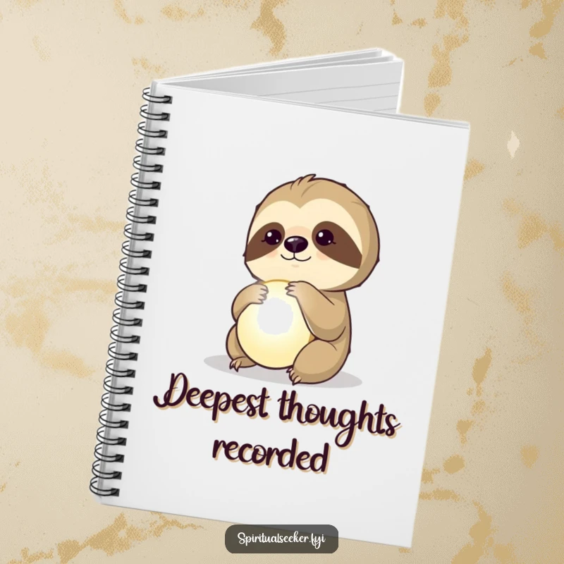 Funny notebook with a thoughtful sloth gazing at a glowing orb on its cover, perfect for deep reflection.