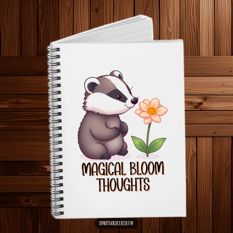 Funny notebook with a thoughtful badger observing a magical flower, designed for capturing creative ideas with a touch of whimsy.
