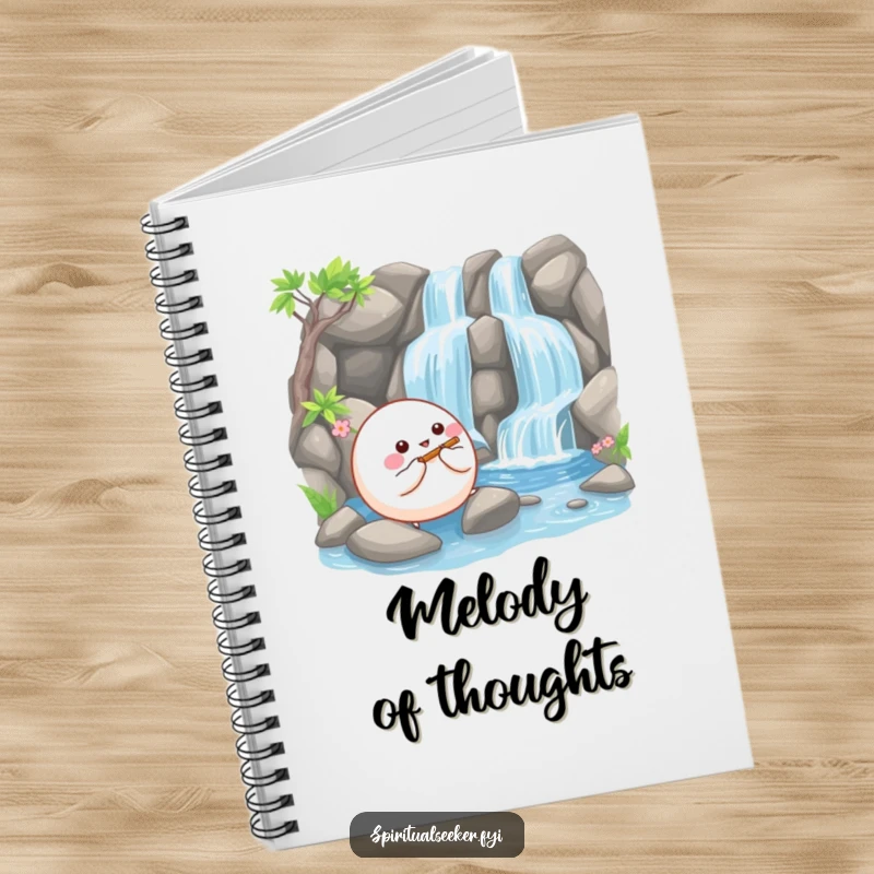 Funny notebook with a happy, bouncy ball creature playing a tiny flute beside a serene waterfall, inspiring musical creativity.