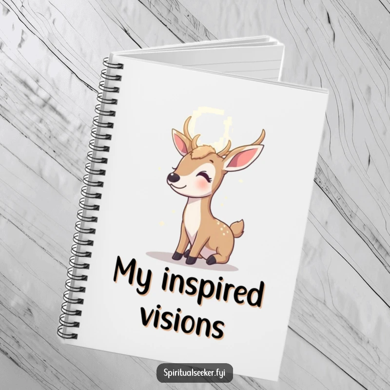 Funny contented deer notebook, featuring a peaceful deer gazing at a radiant light, ideal for noting down hopeful thoughts and humorous ideas.