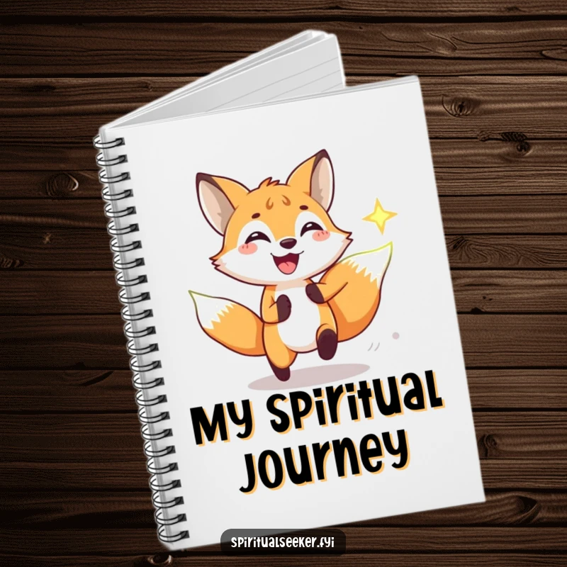 Funny notebook cover art of a grinning fox chasing a glowing spiritual symbol, ideal for capturing humorous thoughts and ideas.