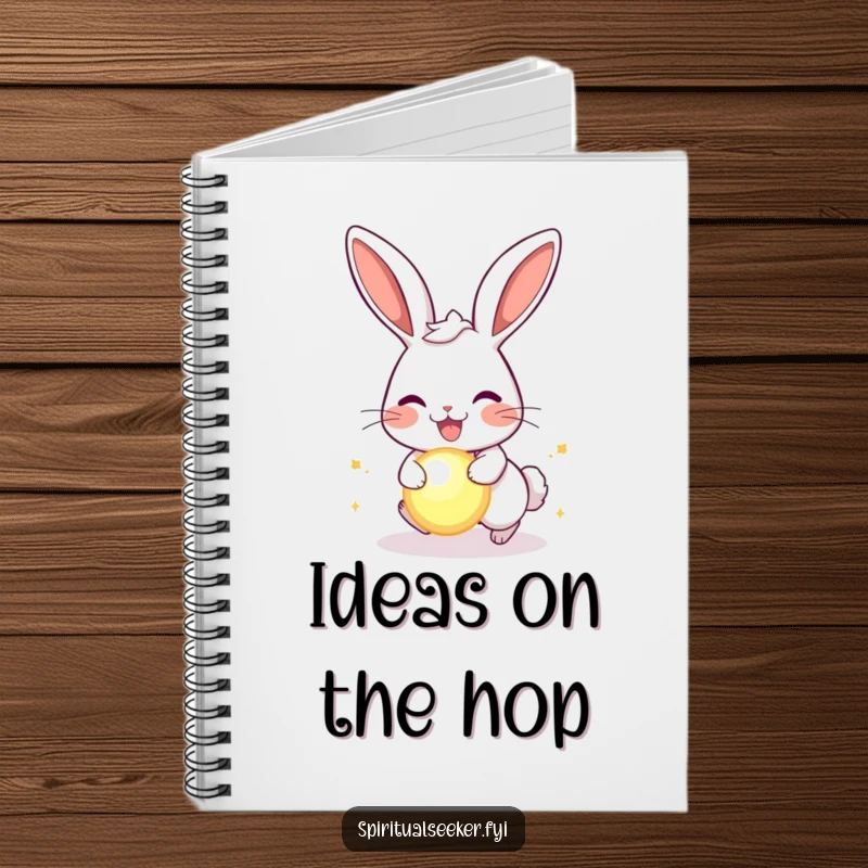 Funny joyful rabbit notebook, featuring a happy rabbit chasing a glowing orb, ideal for noting down energetic thoughts and funny ideas.
