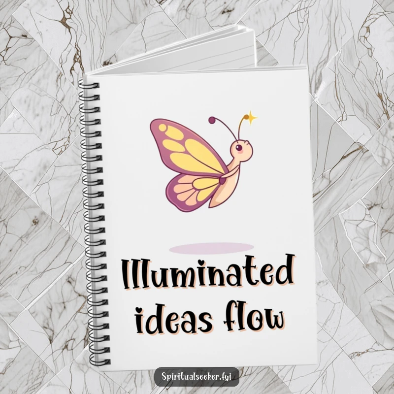Funny notebook with a dancing butterfly character admiring a beam of light, perfect for jotting down whimsical thoughts and humorous ideas.