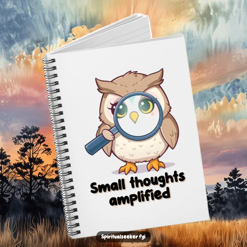 Funny owl aura notebook with a curious bird inspecting a shimmering aura, perfect for jotting down mystical observations and witty thoughts.