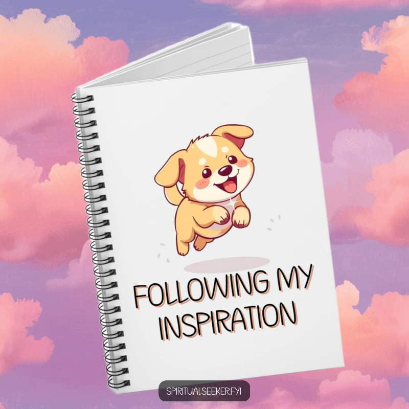 Funny notebook with a playful dog chasing a shimmering ethereal light, perfect for jotting happy thoughts.