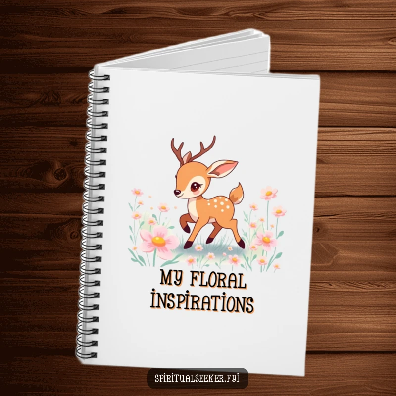 Funny deer notebook of a playful character prancing through a field of magical, glowing flowers.