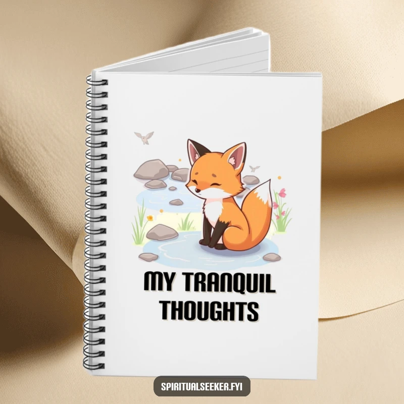 Funny serene fox notebook, featuring a peaceful fox by a stream, ideal for noting down calm thoughts and humorous insights.