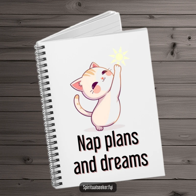 Funny cat notebook of a serene character stretching gracefully towards a warm, inviting beam of light.