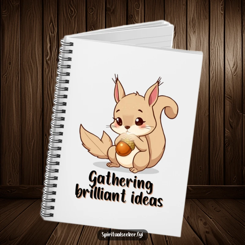 Funny squirrel notebook with a curious squirrel looking at a luminous, magical acorn. Ideal for note-taking.