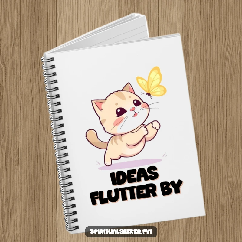 Funny kawaii cat notebook featuring a playful cat chasing a butterfly, perfect for jotting down funny ideas or daily notes.
