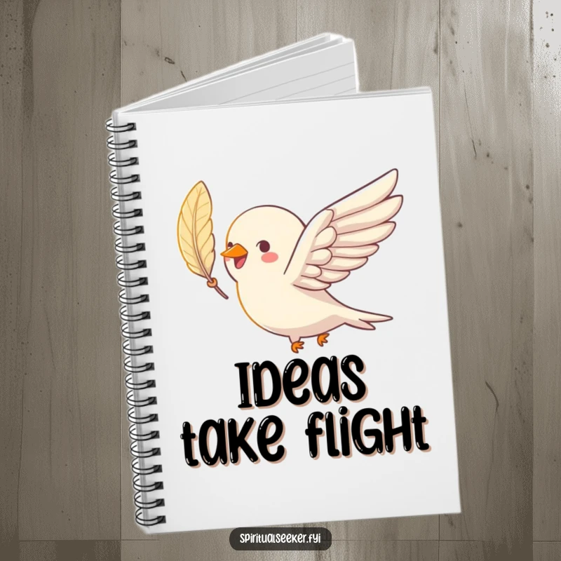 Funny bird notebook showcasing a joyful bird soaring with a shimmering feather, ideal for journaling.