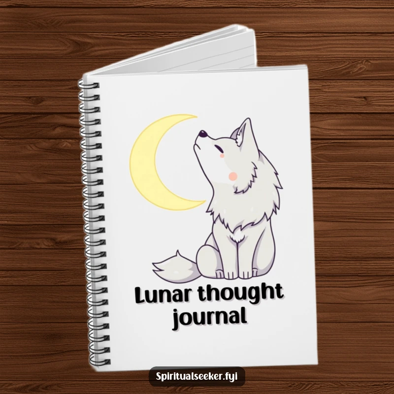 Funny notebook with a peaceful wolf howling at a crescent moon, designed for capturing thoughtful ideas with a serene touch.
