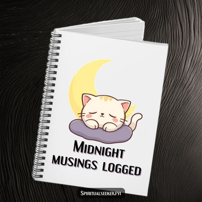 Funny cat notebook with a contented cat enjoying the soft glow of a crescent moon. Ideal for journaling.