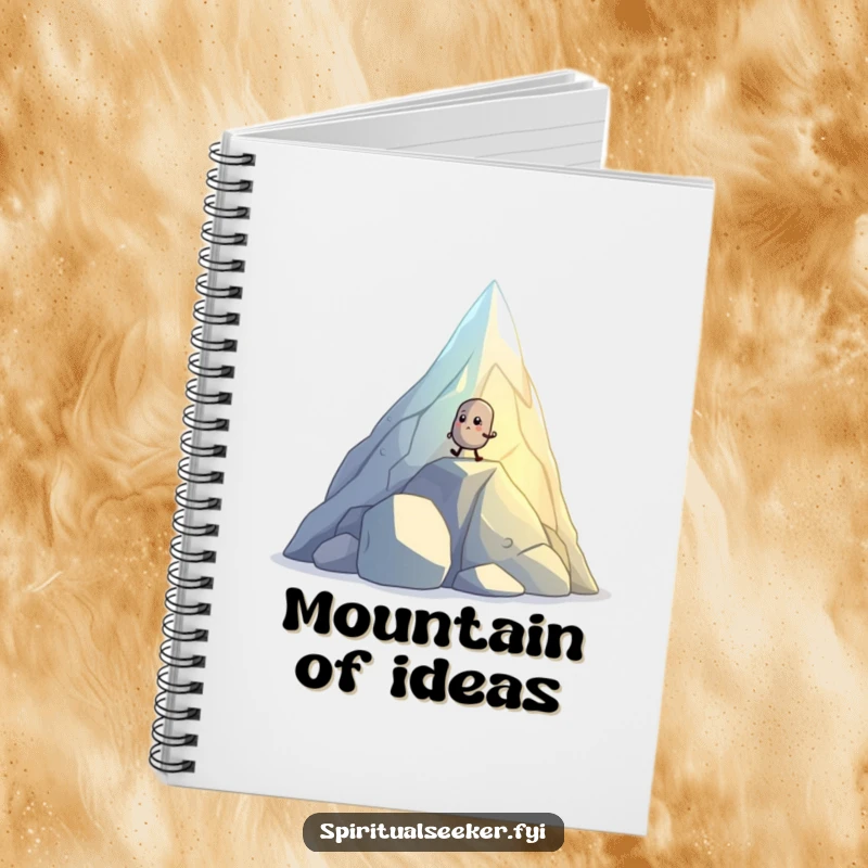 Funny notebook with a small, determined pebble creature hiking up a glowing, crystal mountain, inspiring determined note-taking.