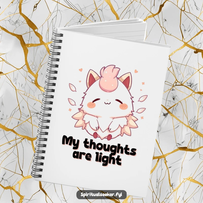 Funny Kawaii creature notebook cover featuring a peaceful smile and gentle feathers, ideal for serene journaling.