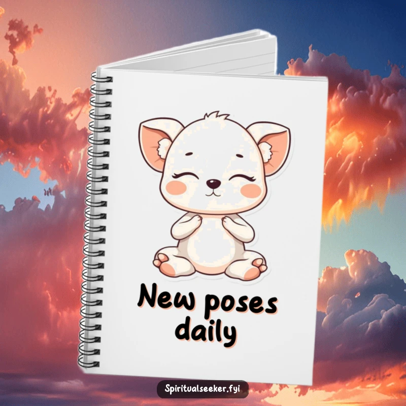 Funny Kawaii animal in a gentle yoga pose with eyes closed, featured on a notebook for capturing peaceful thoughts and mindful reflections.