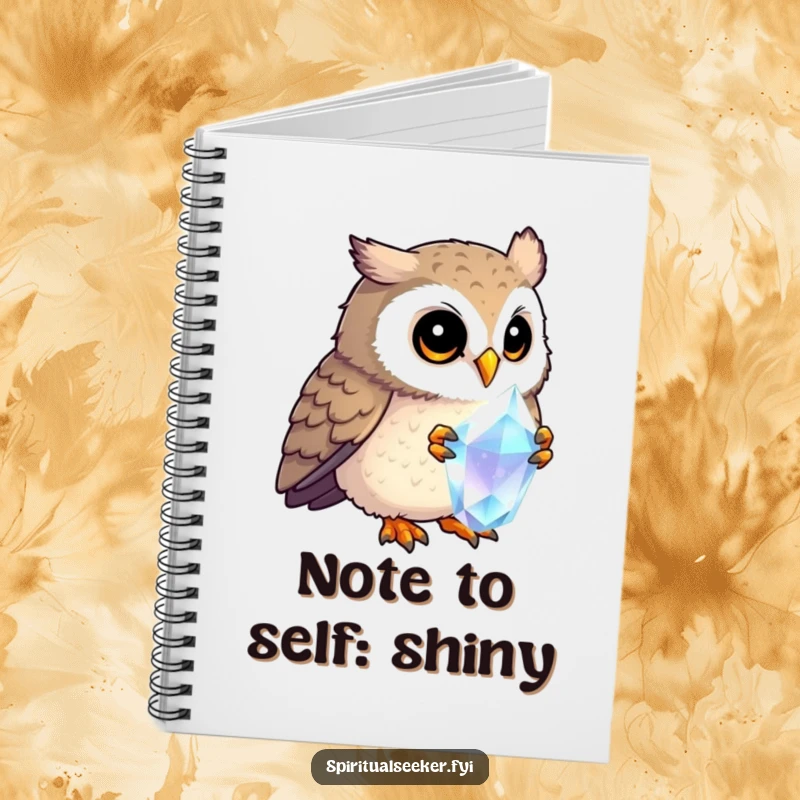 Funny curious owl notebook, showing an owl examining a crystal, encouraging users to record their own insights and adventures.