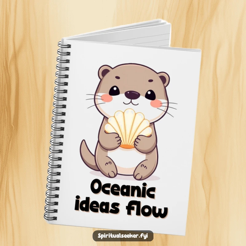 Funny playful otter notebook, depicting an otter holding a seashell, encouraging users to record their finds, ideas, and seaside memories.