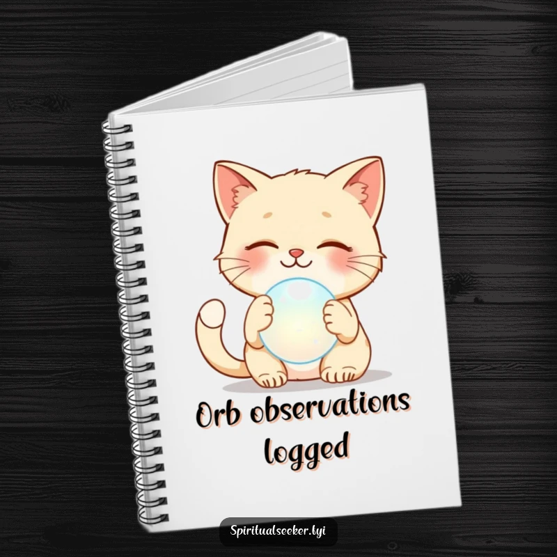 Funny cat notebook featuring a smiling cat gently patting a magical ethereal orb, ideal for journaling and notes.