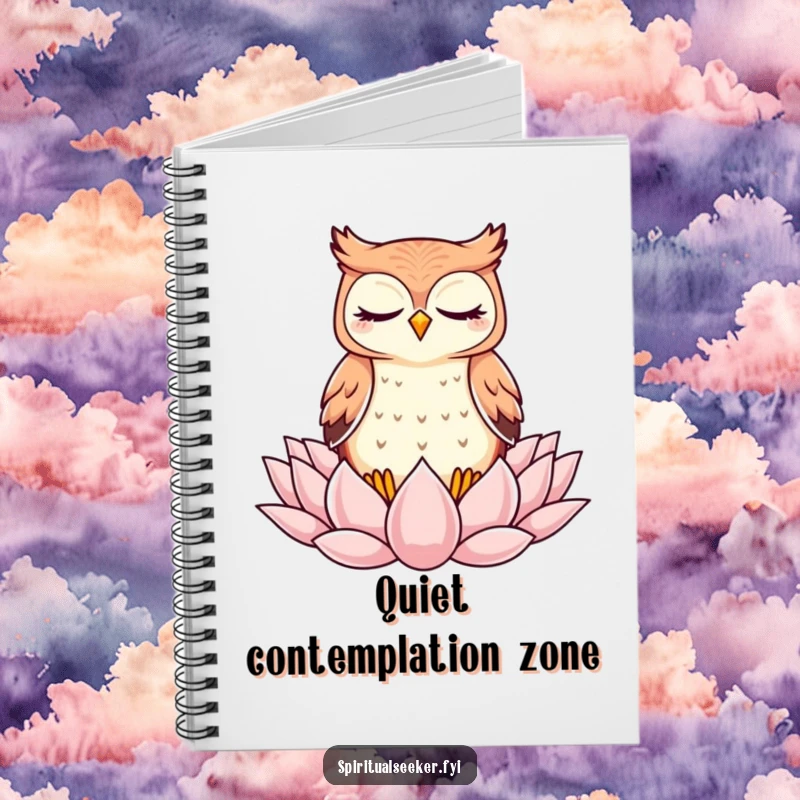 Funny Notebook: A kawaii owl meditating peacefully on a lotus, designed for calm note-taking and contemplation.