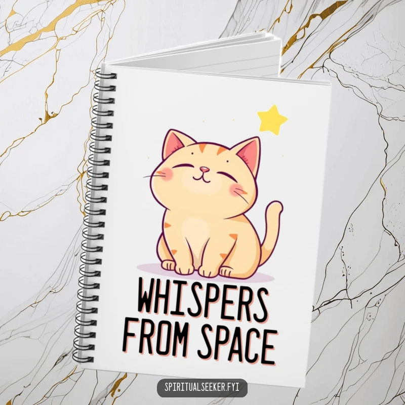 Funny contented cat notebook, depicting a cat gazing at a star, encouraging users to record their thoughts, dreams, and inspirations.