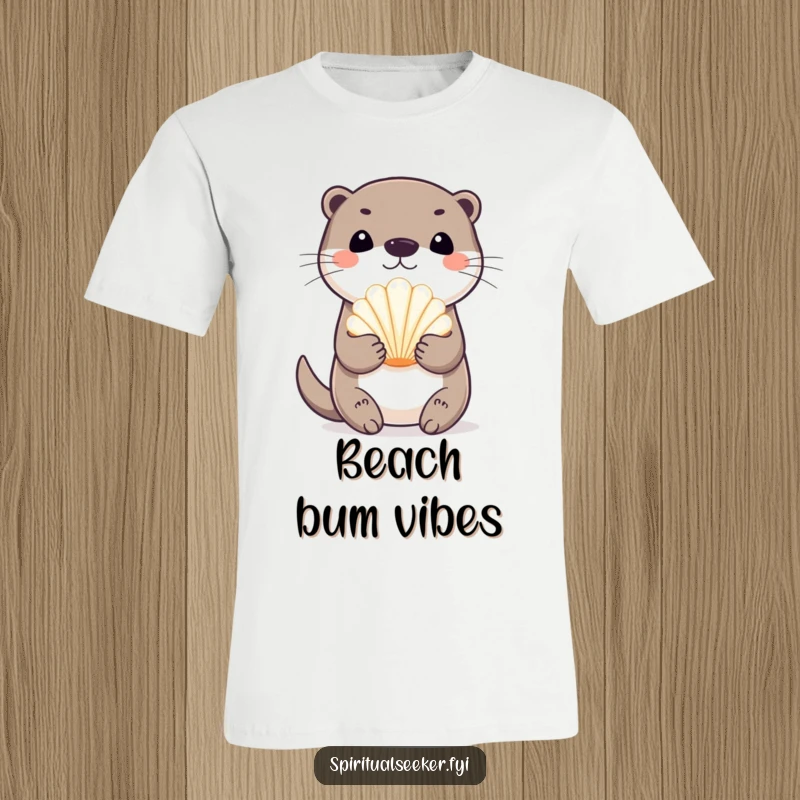 Funny playful otter t-shirt, depicted holding a shimmering seashell with delight. A whimsical and humorous design for ocean lovers.