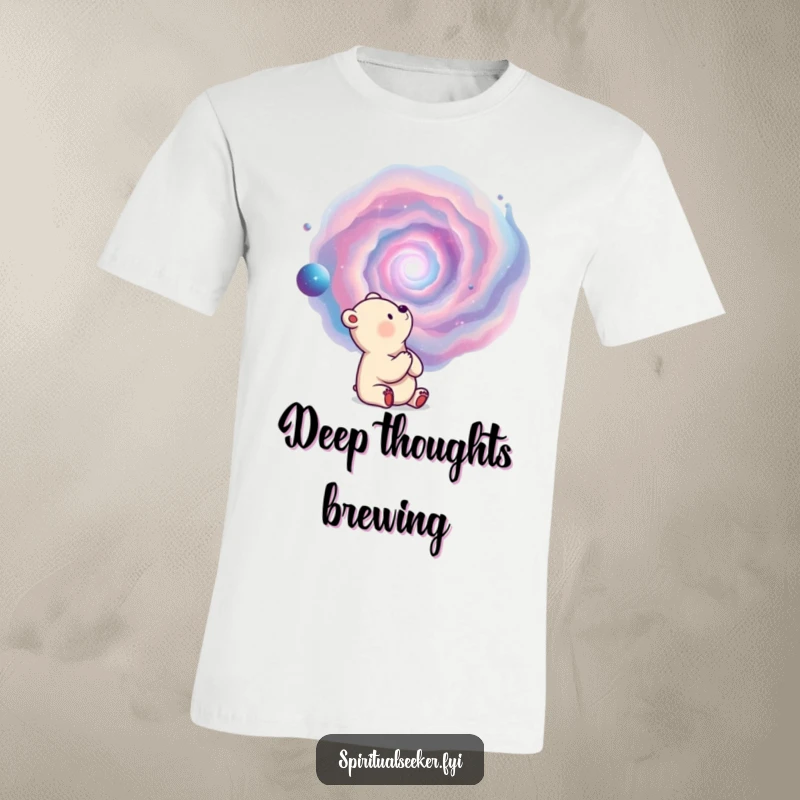 Funny t-shirt featuring a thoughtful bear observing a swirling, vibrant nebula, embodying cosmic wonder.