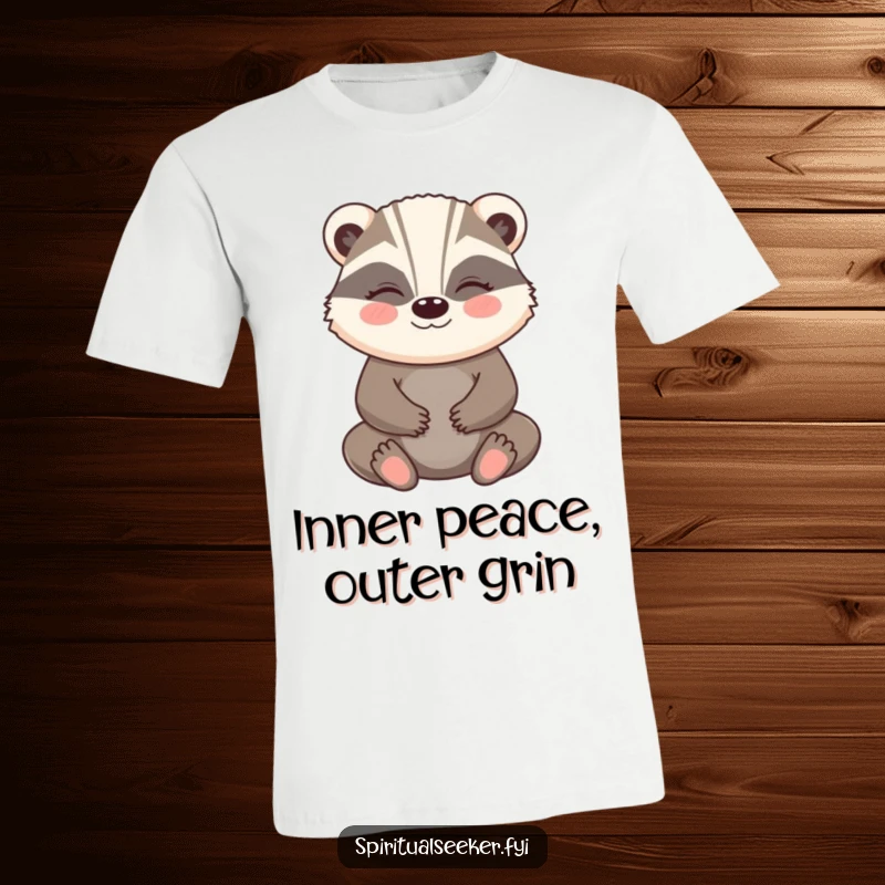 Funny Badger T-Shirt: Happy badger meditating with a gentle smile, a design promoting humorous inner peace.
