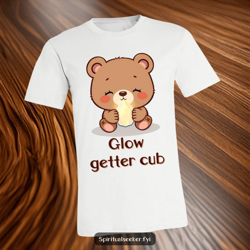 Funny bear cub t-shirt featuring a peaceful cub cradling a luminous crystal, a cute and humorous addition to any wardrobe.