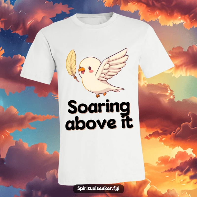 Funny bird t-shirt depicting a joyful bird in mid-flight with a sparkling feather, a humorous and uplifting design.