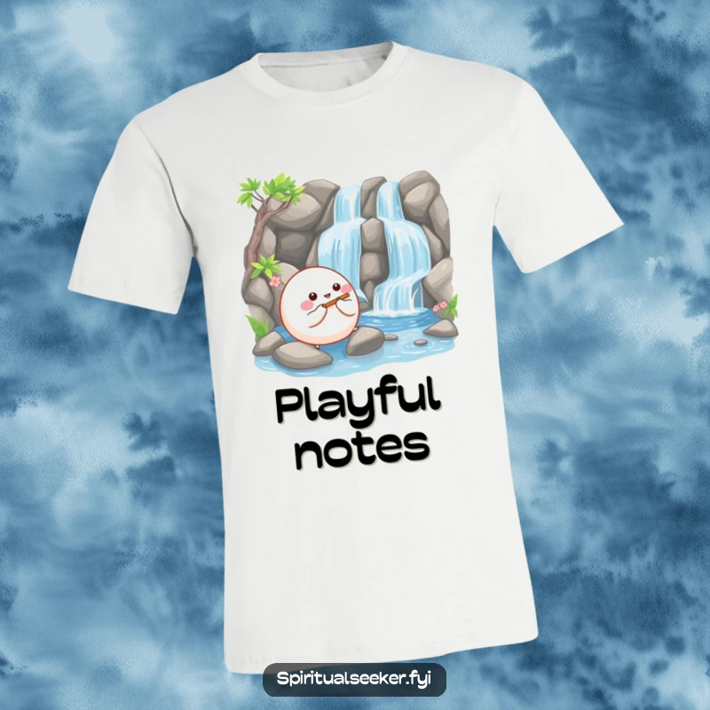 Funny t-shirt with a happy, bouncy ball creature playing a tiny flute beside a serene waterfall, radiating peaceful fun.