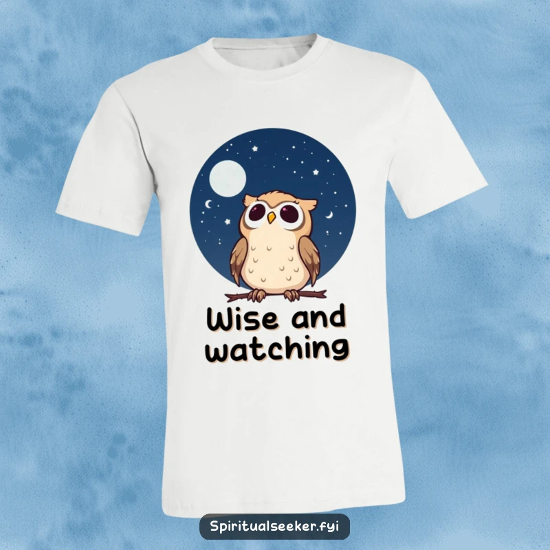 Funny calm owl t-shirt showing a character looking up at a starry night sky with wonder, symbolizing peace and cosmic curiosity.