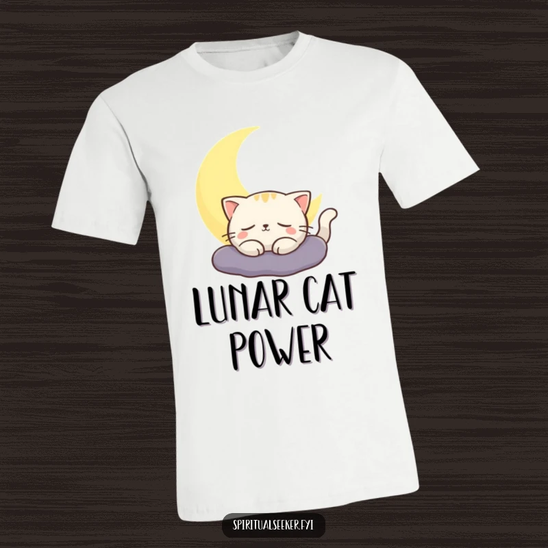 Funny cat t-shirt with a contented cat enjoying the gentle glow of a crescent moon in the night sky.