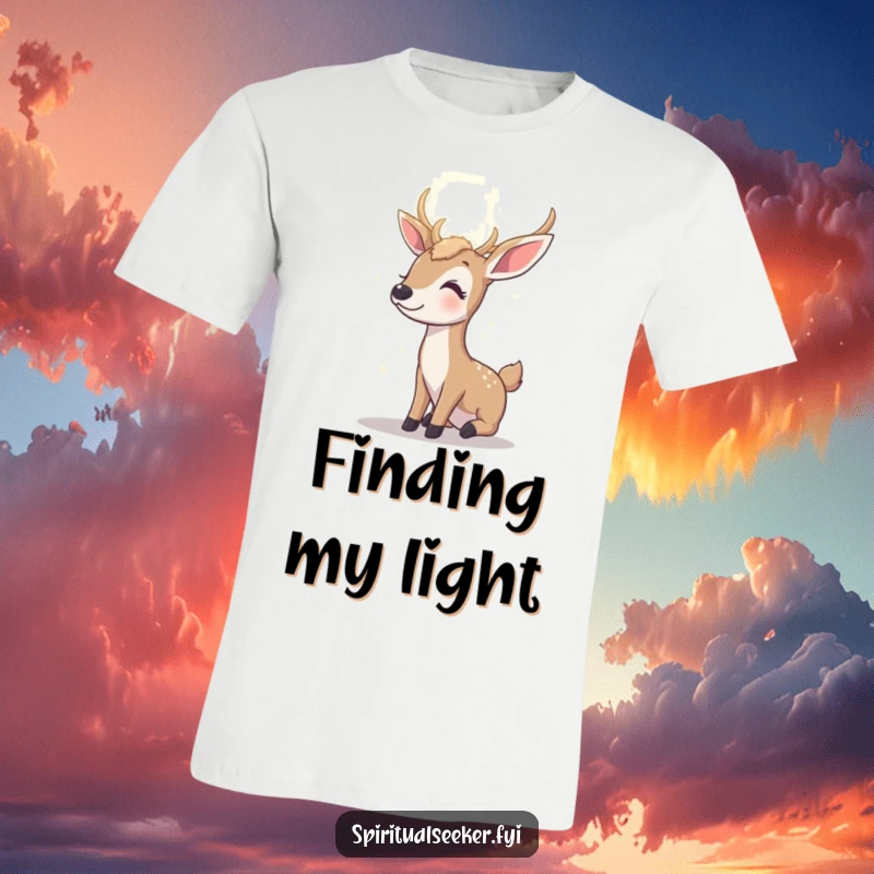 Funny contented deer t-shirt, depicting a peaceful deer looking towards a radiant light, full of hope and quiet humor.