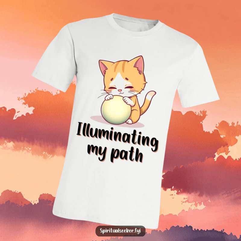 Funny t-shirt featuring a curious cat exploring a glowing, mystical orb, embodying playful exploration.