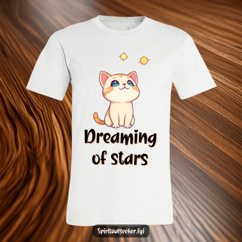 Funny curious cat t-shirt, depicting a cat looking up at the night sky with a celestial body, full of playful curiosity.