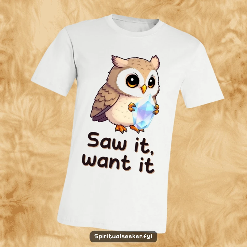 Funny curious owl t-shirt, depicted studying a sparkling crystal with great interest. A whimsical and humorous design for enthusiasts.