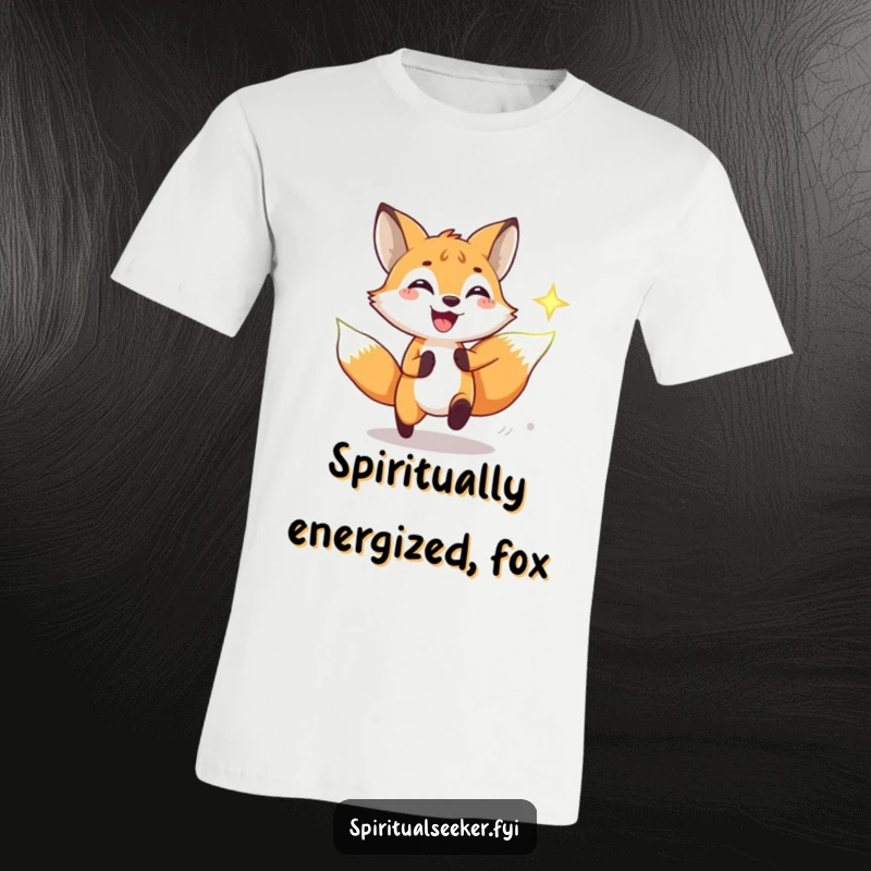 Funny t-shirt showcasing a wide-smiling fox gleefully pursuing a luminous spiritual symbol, embodying a funny and energetic pursuit.