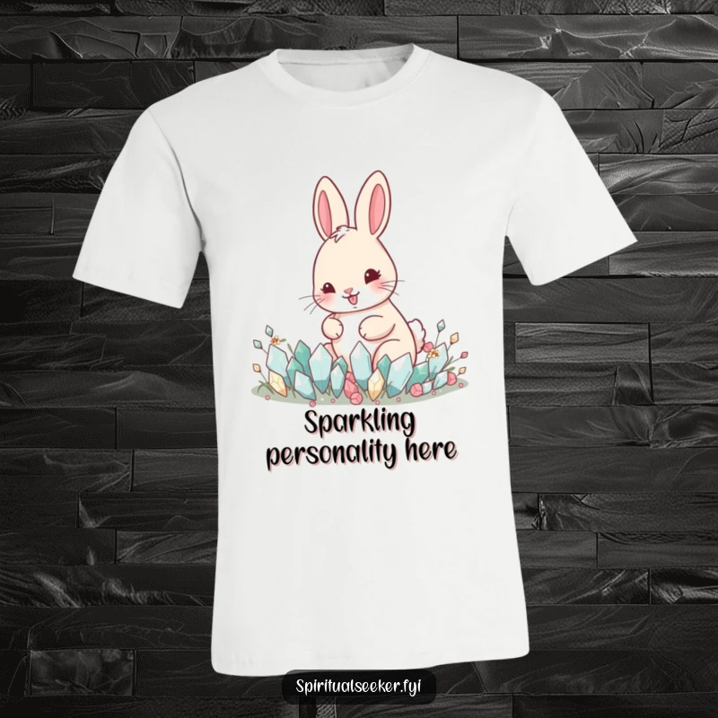 Funny t-shirt featuring a happy rabbit tending a garden of tiny, sparkling crystals with delight.