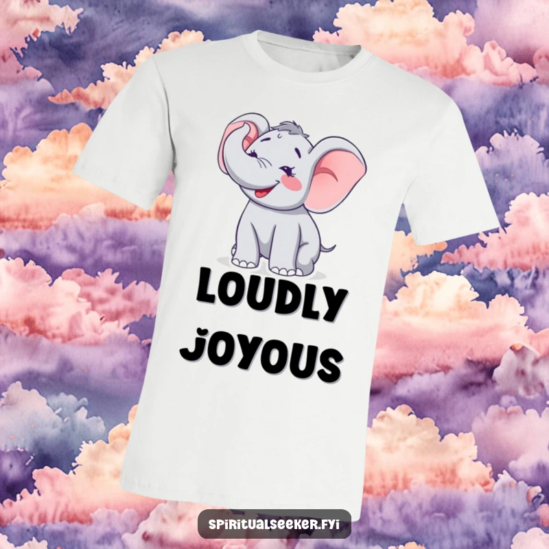 Funny t-shirt of an ecstatic elephant joyfully trumpeting towards the heavens, a symbol of unbridled happiness and exuberance.