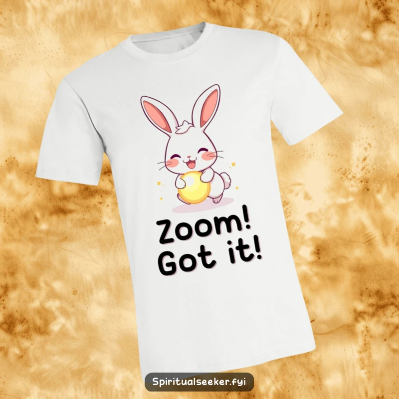 Funny joyful rabbit t-shirt, depicting a happy bunny enthusiastically chasing a glowing orb, full of playful energy.